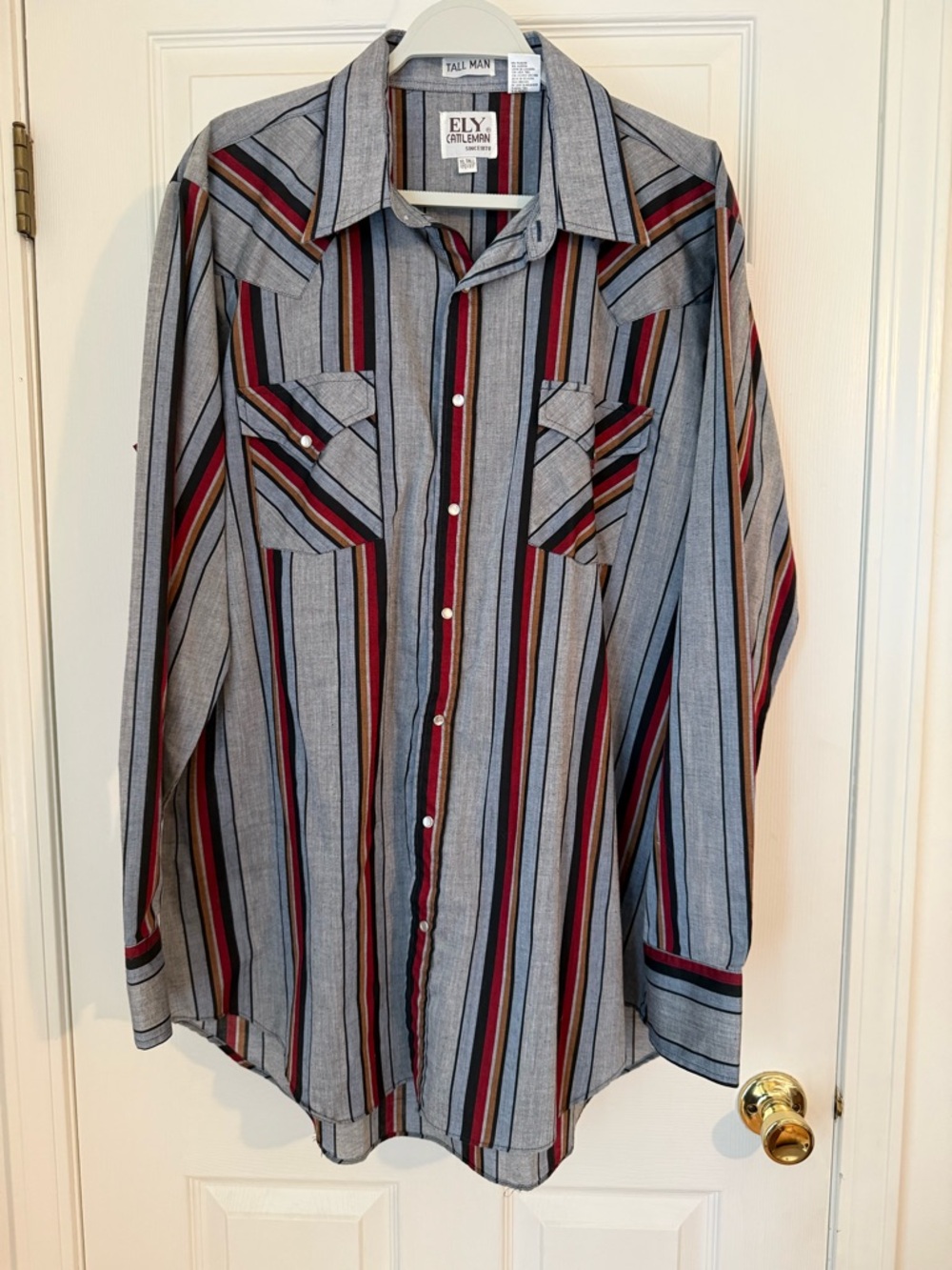 ELY Cattleman Western Shirt Men XL Tall Pearl Snap Striped Gray Red Vintage - Picture 4 of 14